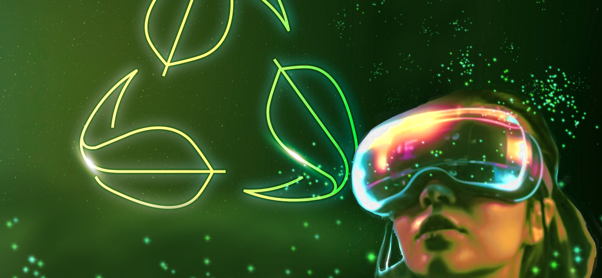A women in a vr headset, with a glowing sustainability symbol. This artwork represents eco innovations in vr