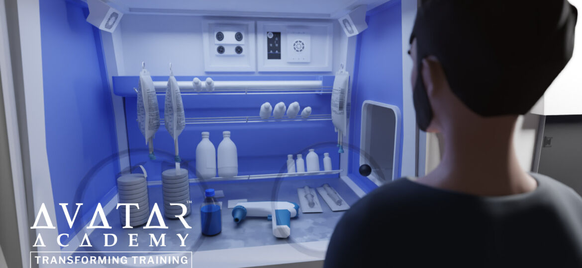 an avatar using an isolator in a virtual lab demonstrating one of the benefits of virtual reality labs
