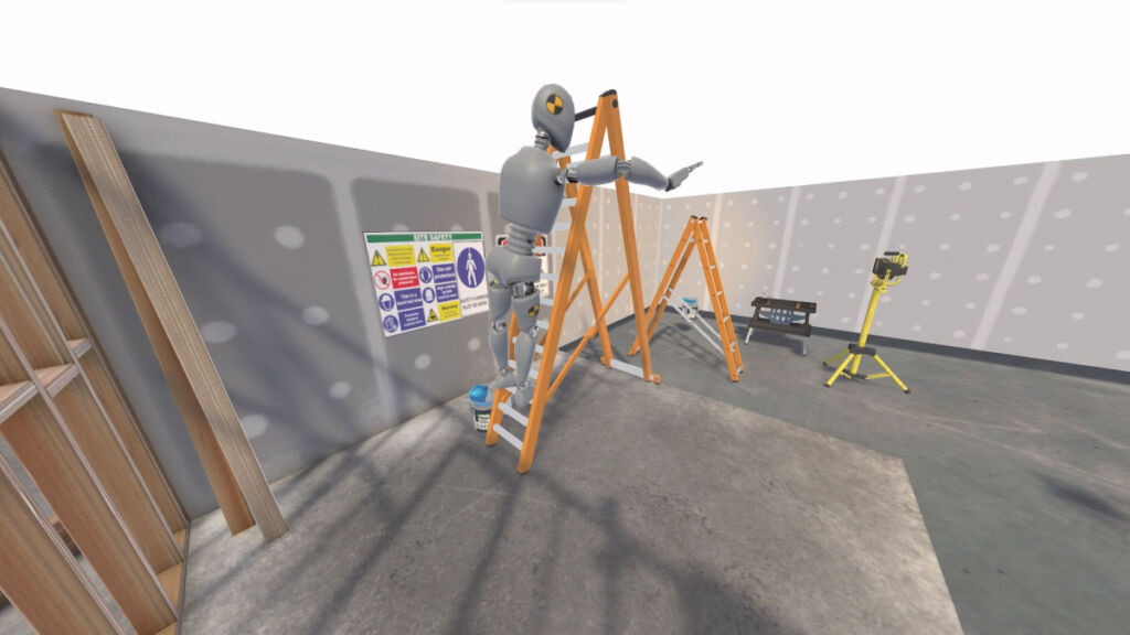 Crash test dummy on ladder demonstrating vr work safety training