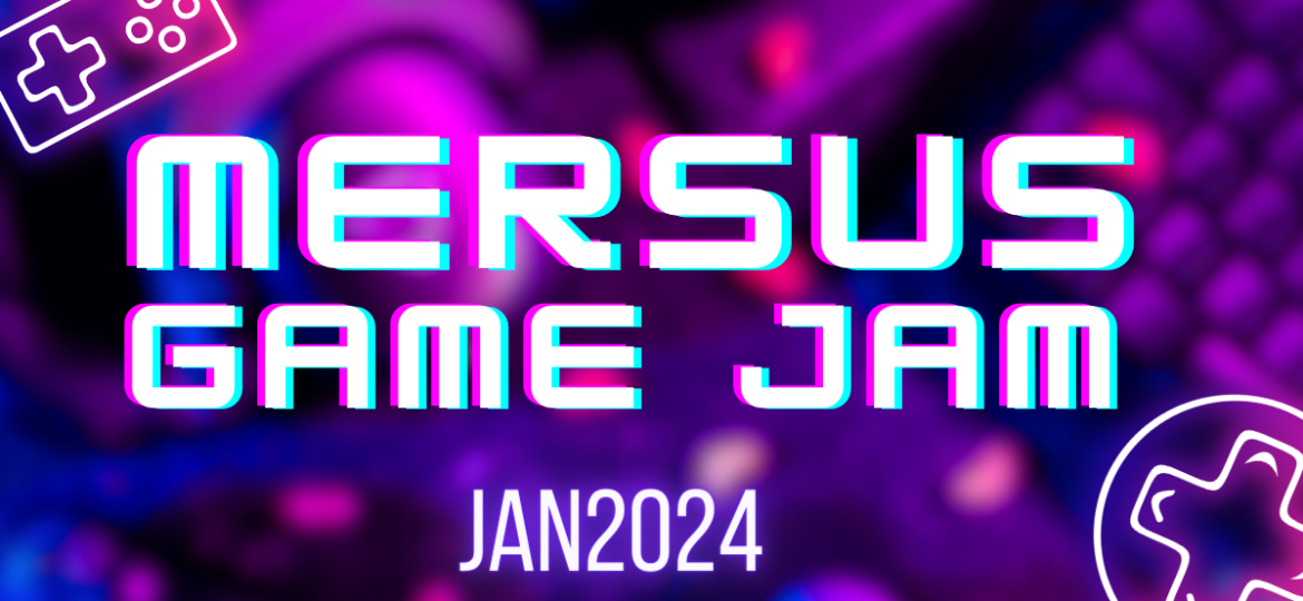 A poster for Mersus Game Jam January 2024, including neon coloured games controllers