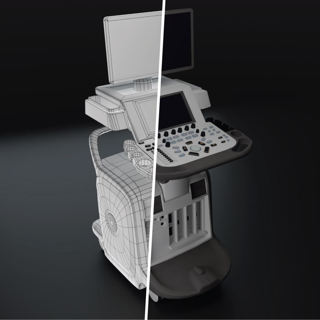 A split image showing a 3d model of an ultrasound machine made by Mersus Technologies using Bender 3d