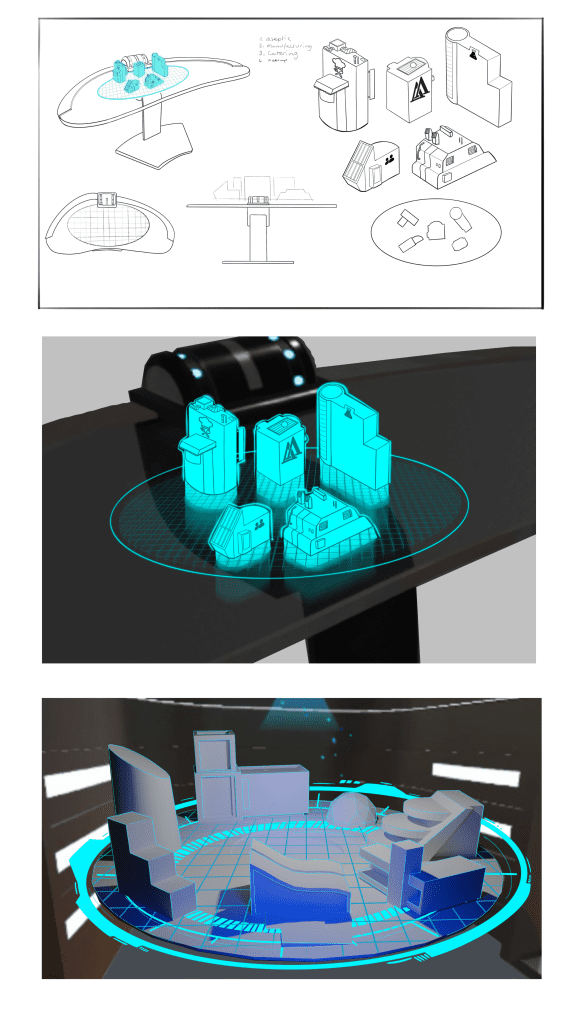 Concept Art for Virtual Reality Design showing various stages of design of a holographic map